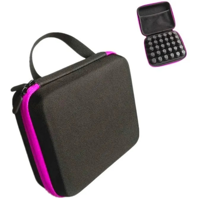 Red EVA essential oil storage cube bag with 30 compartments for 15ml bottles, showing zipper and compact design