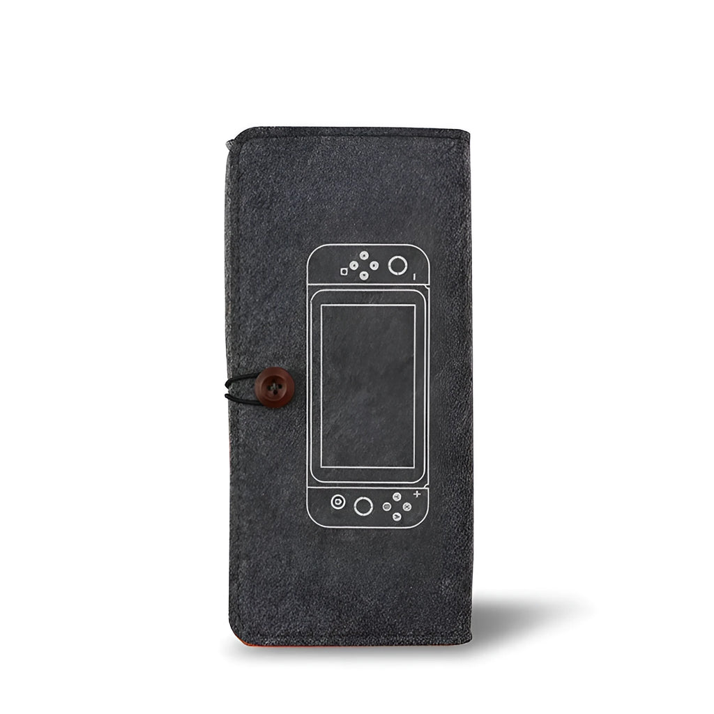 Black felt pouch case for Nintendo Switch open to show console and game card slots
