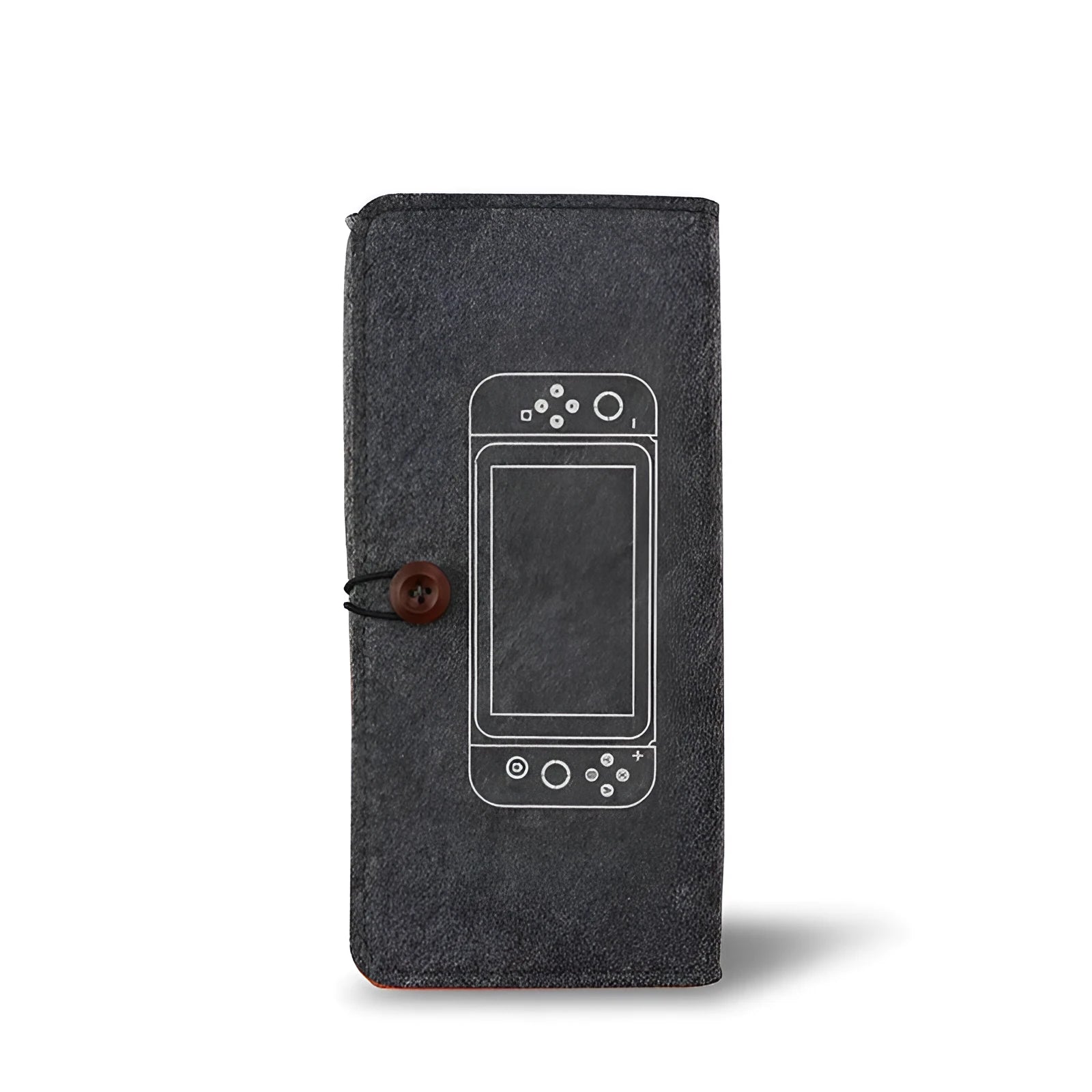 Black felt pouch case for Nintendo Switch open to show console and game card slots