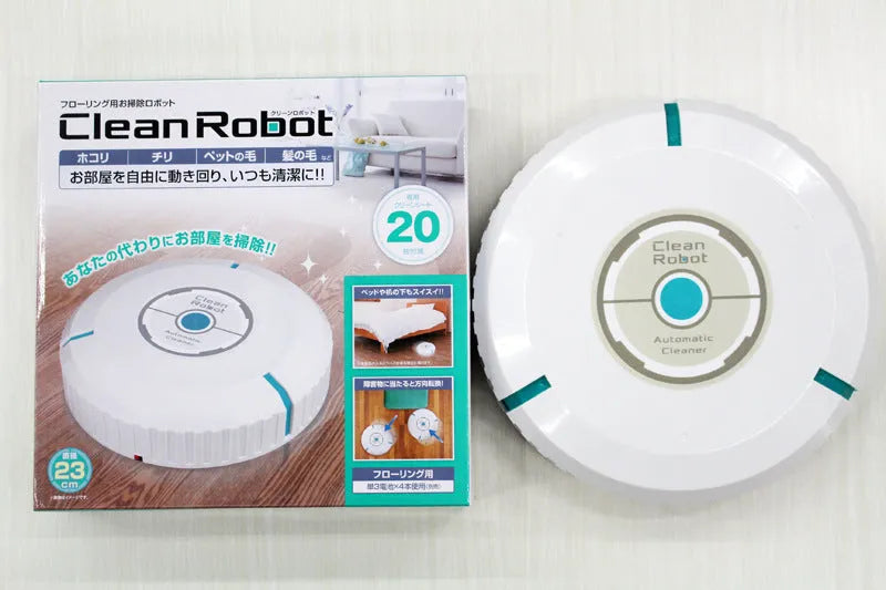 Black AC automatic sweeping robot vacuum cleaner on a wooden floor.