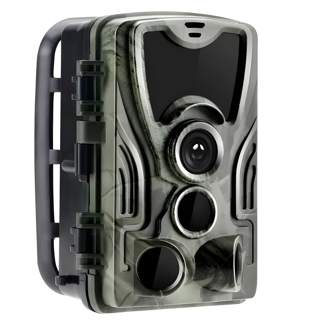 Green cellular trail game camera showing front lens and display, dimensions 135x90x76mm