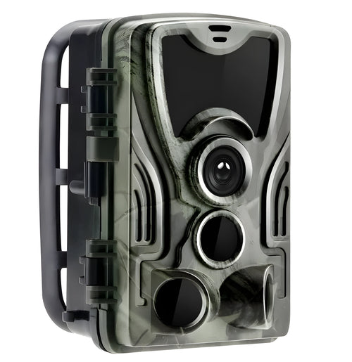 Green cellular trail game camera showing front lens and display, dimensions 135x90x76mm