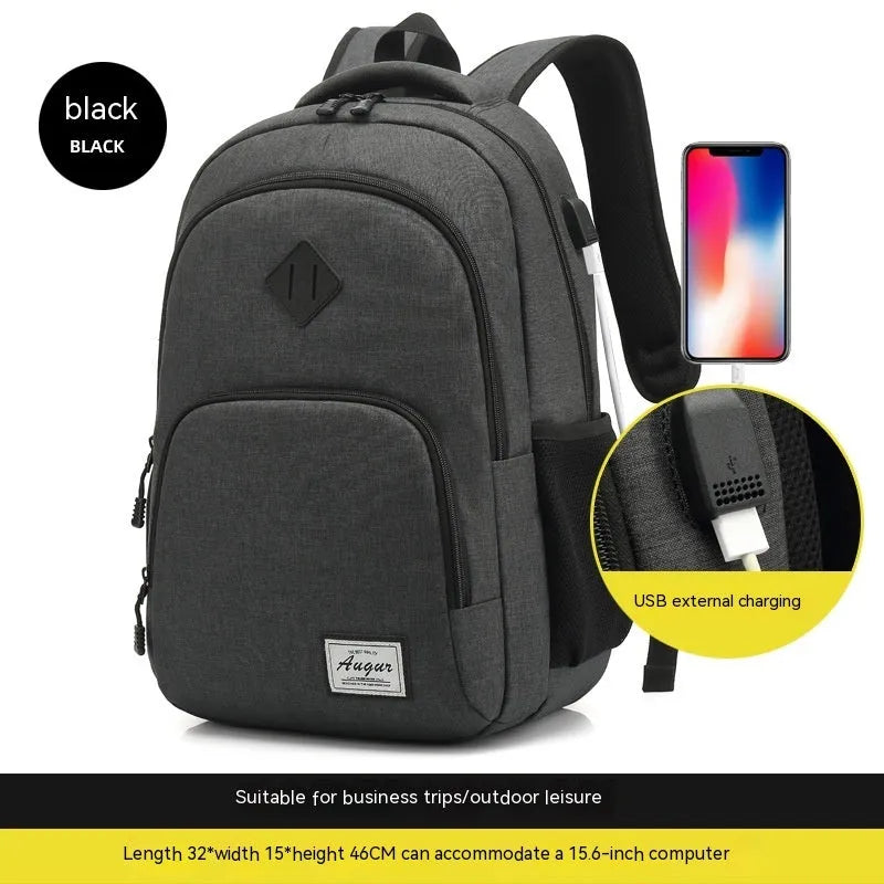 Grey and black nylon USB charging backpack with trolley case slot.