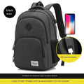 Grey and black nylon USB charging backpack with trolley case slot.
