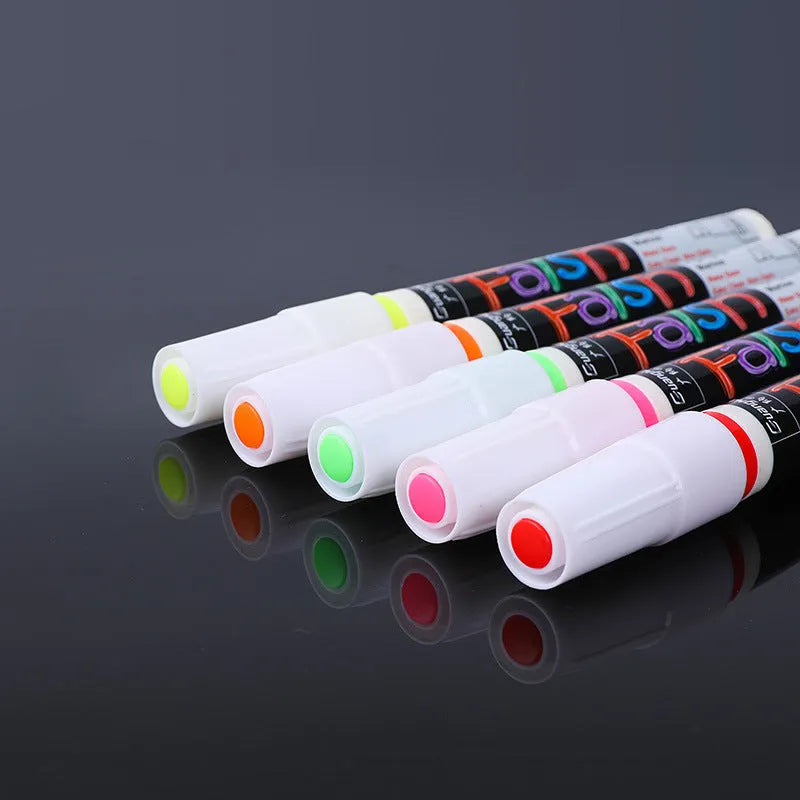 Electronic fluorescent plate highlighter pen with 6mm oblique tip shown in 8-colour set for writing on presentation boards