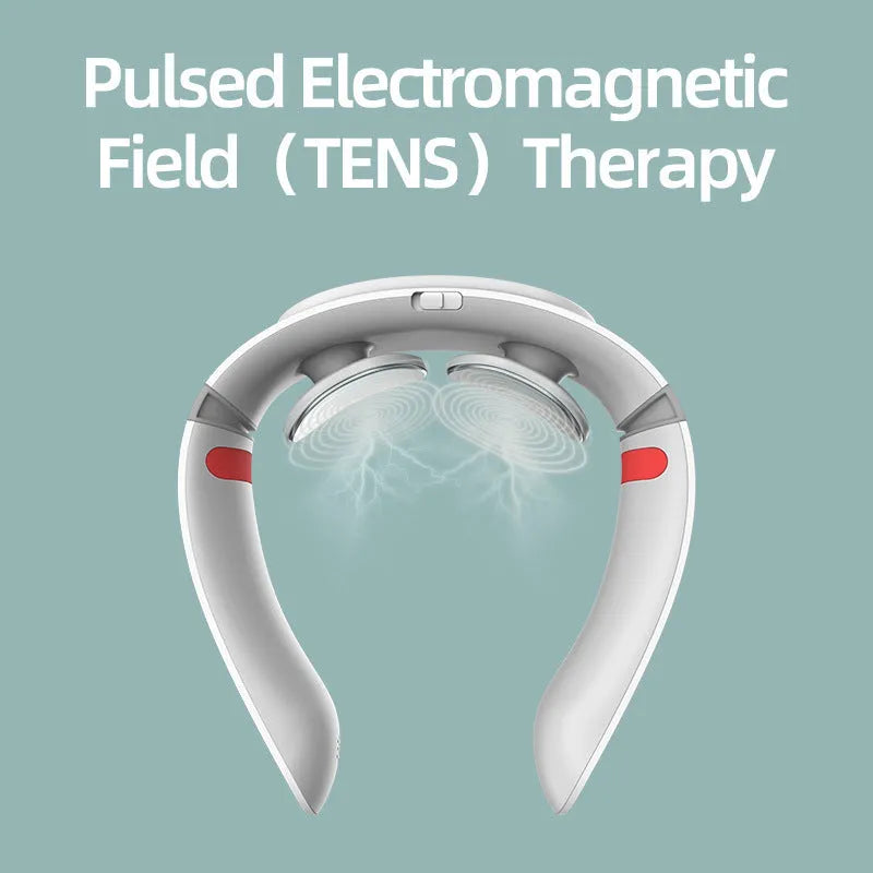 Grey white neck massager with voice control and ergonomic neck curve design