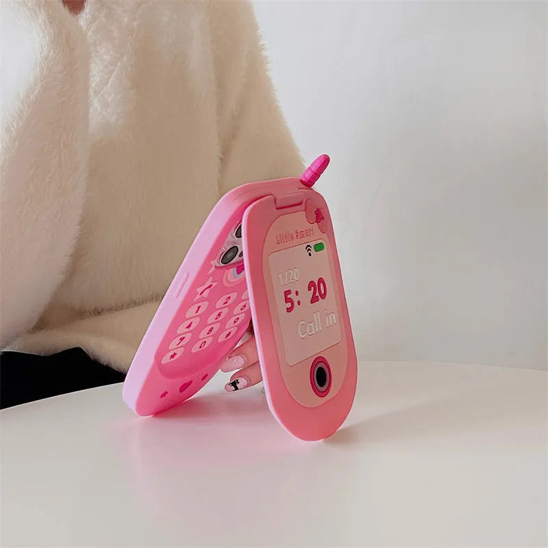 Pink silicone flip phone shaped case with mirror for iPhone models