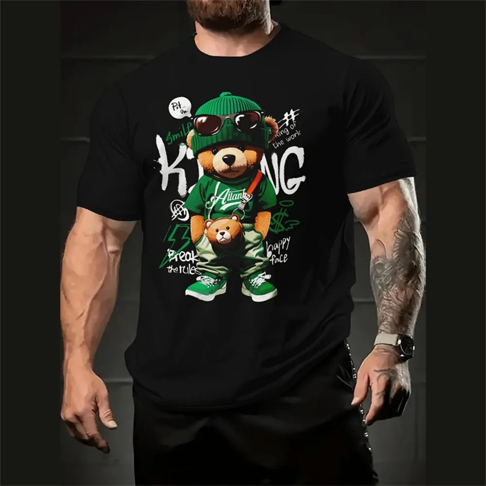 Men's loose fit casual t-shirt with 3D cartoon graphic print in milk silk linen fabric