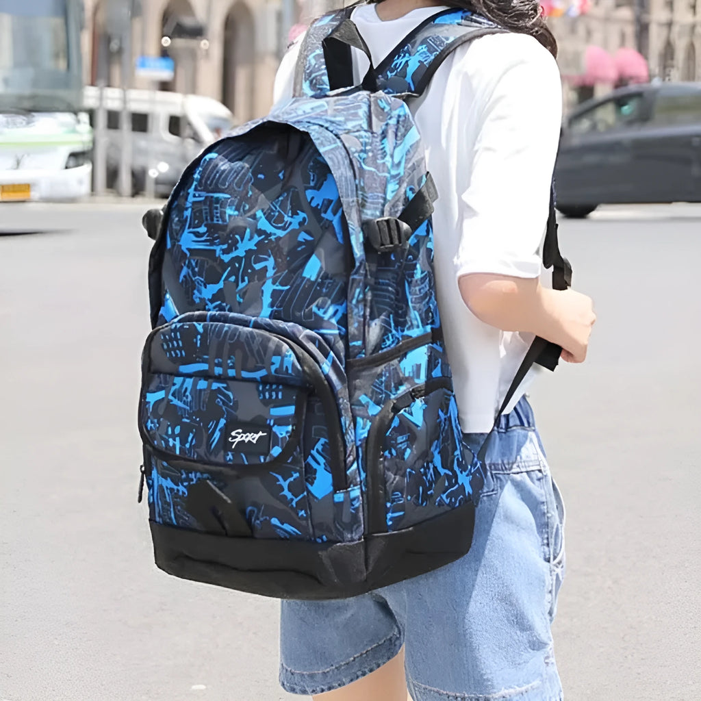 Classic blue or red nylon backpack with large capacity for school and travel