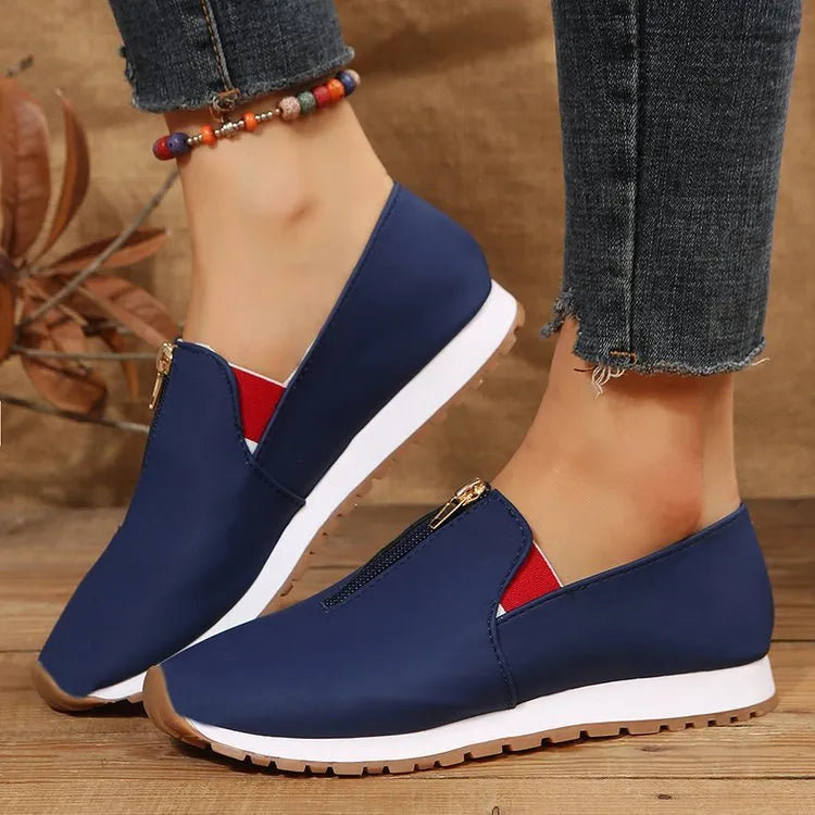 Women's casual non-slip loafers flat shoes round toe artificial PU upper metal detail autumn