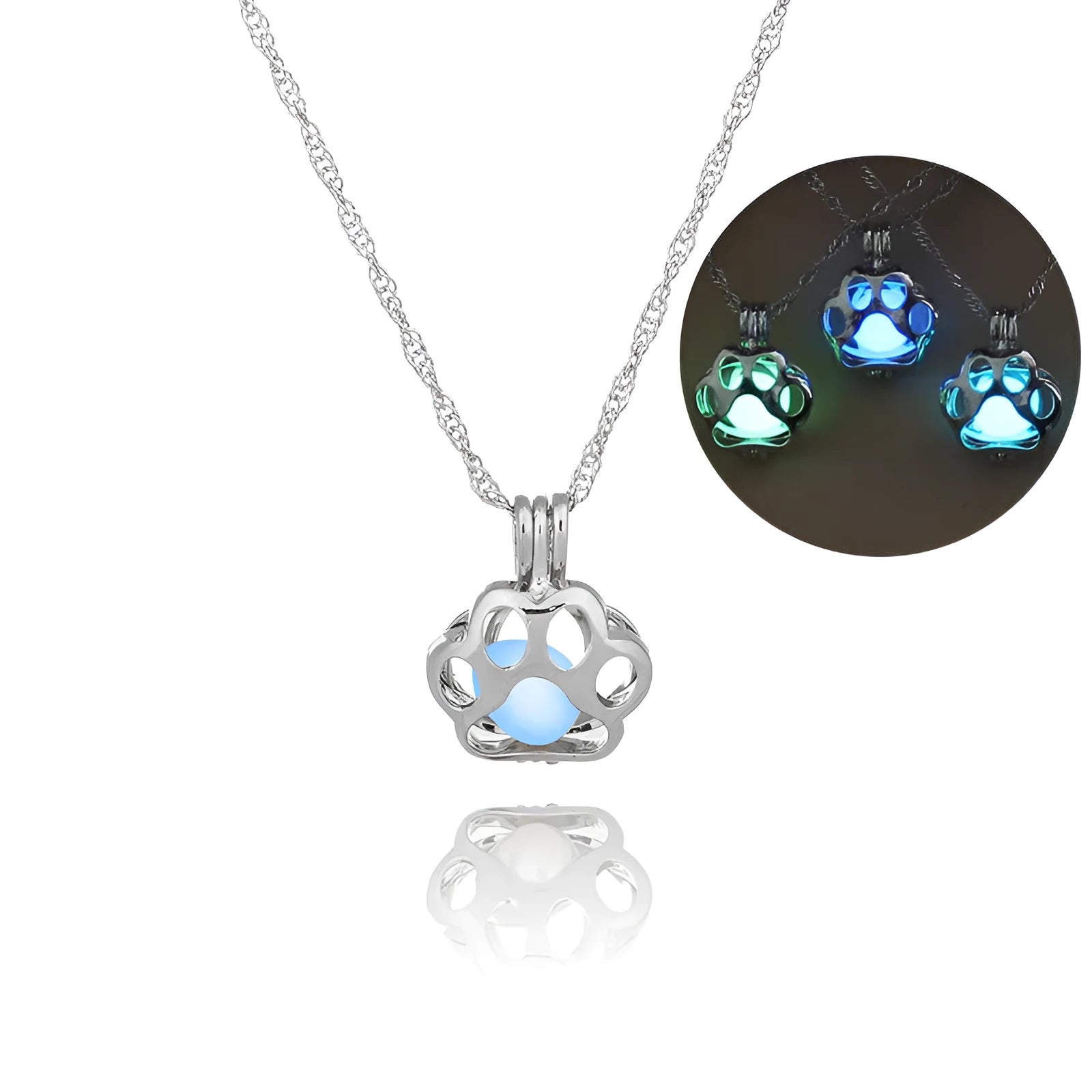Hollow dog paw luminous alloy necklace with bamboo link chain and pendant, blue green colour option on white background