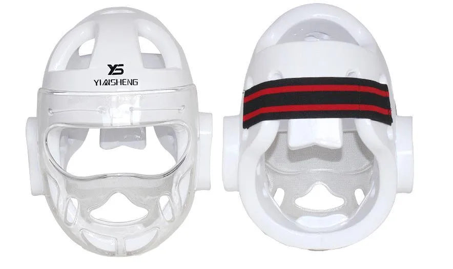Karate boxing helmet head protection equipment in white, blue, or red colours