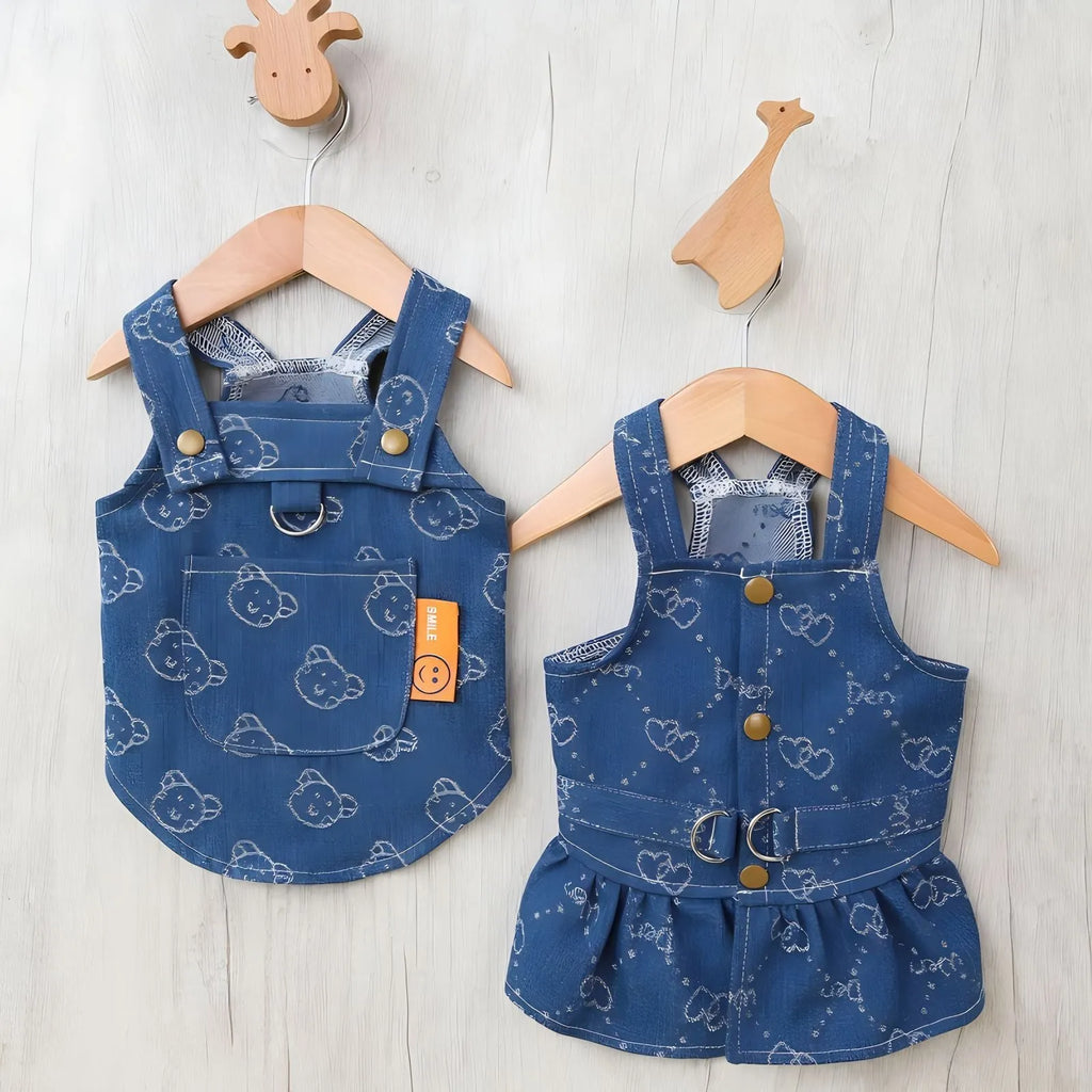 Small dog wearing denim princess dress with bracket skirt design for spring and autumn seasons