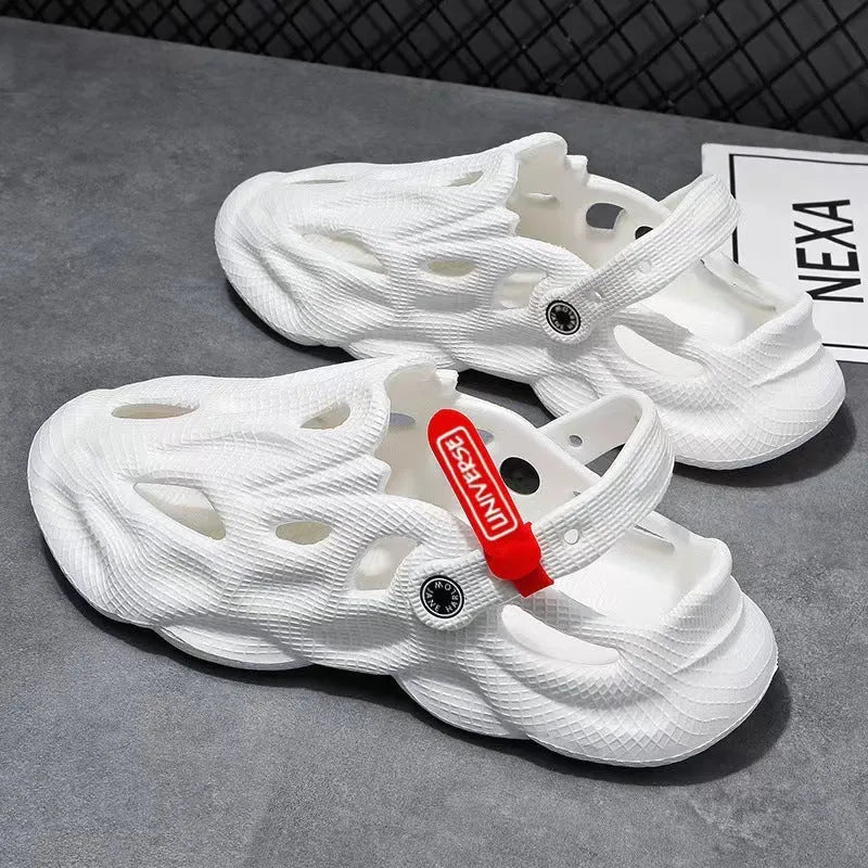 Frosted EVA coconut slippers with closed toe design and holes, shown in available colour options