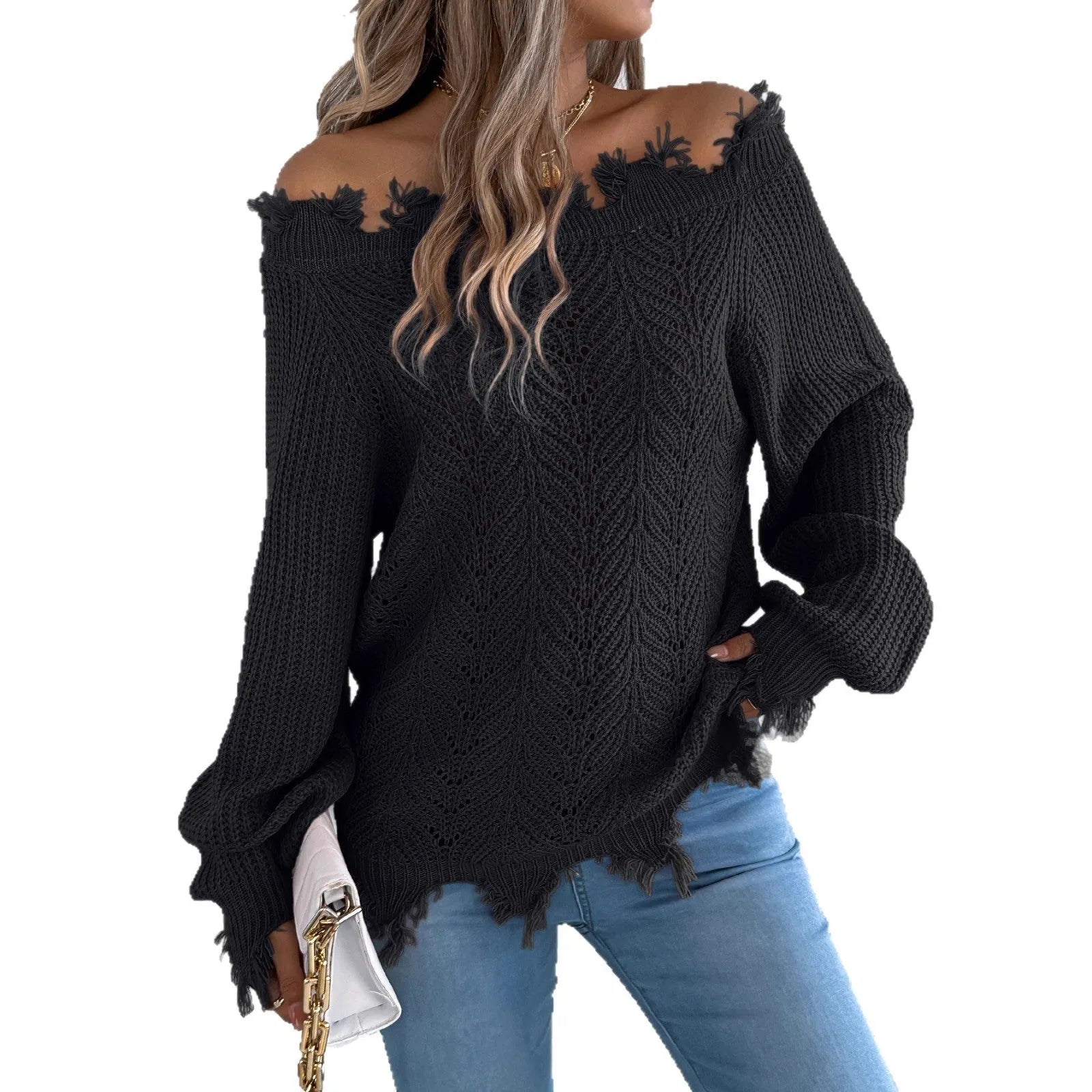 Women's white hollow-out knitted pullover sweater with cut off-the-shoulder neckline and long sleeves.