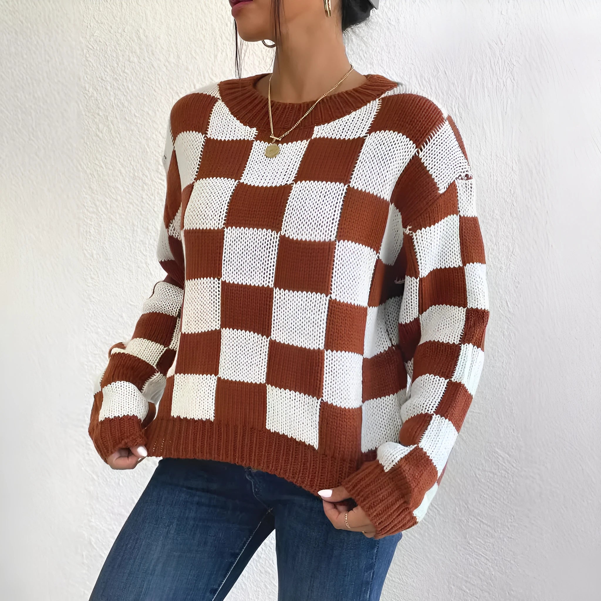 Dark brown plaid pattern acrylic pullover sweater with loose fit and long sleeves