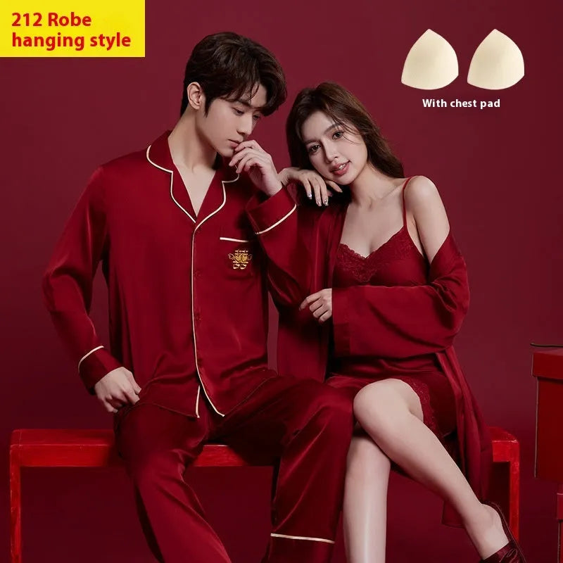 Red polyester ice silk sleepwear set for men and women with long sleeves and trousers