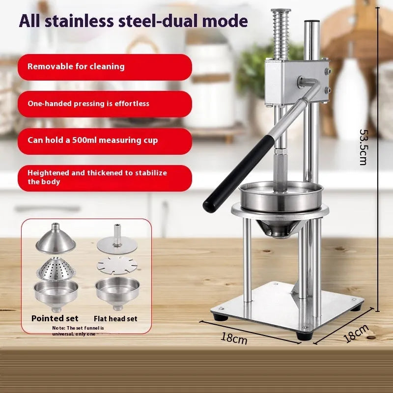 Stainless steel manual orange juice juicer on a counter, showing large cone and metal finish.