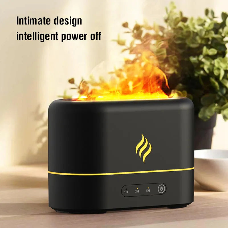 White USB humidifier with seven-colour flame effect on wooden desk showing mist output
