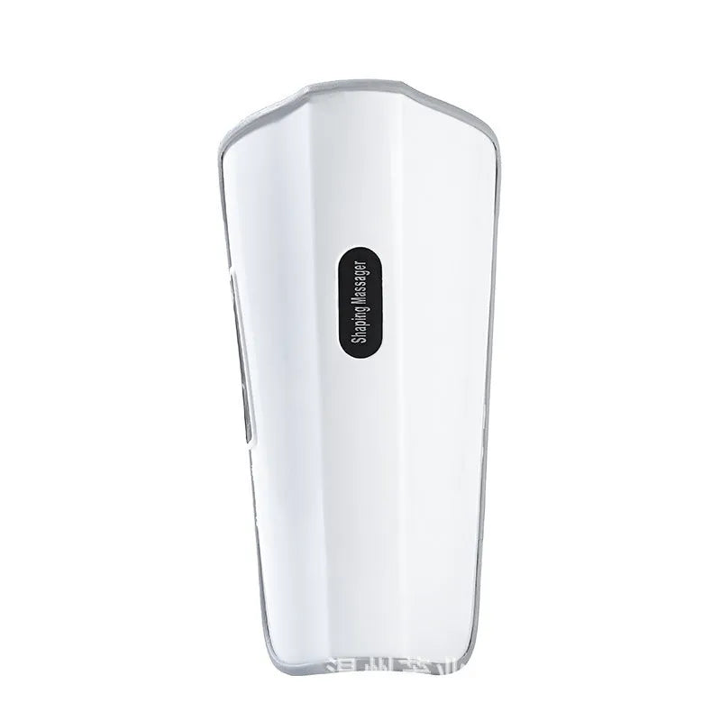 White plastic electronic calf massager with controls, showing USB Type-C port for charging.