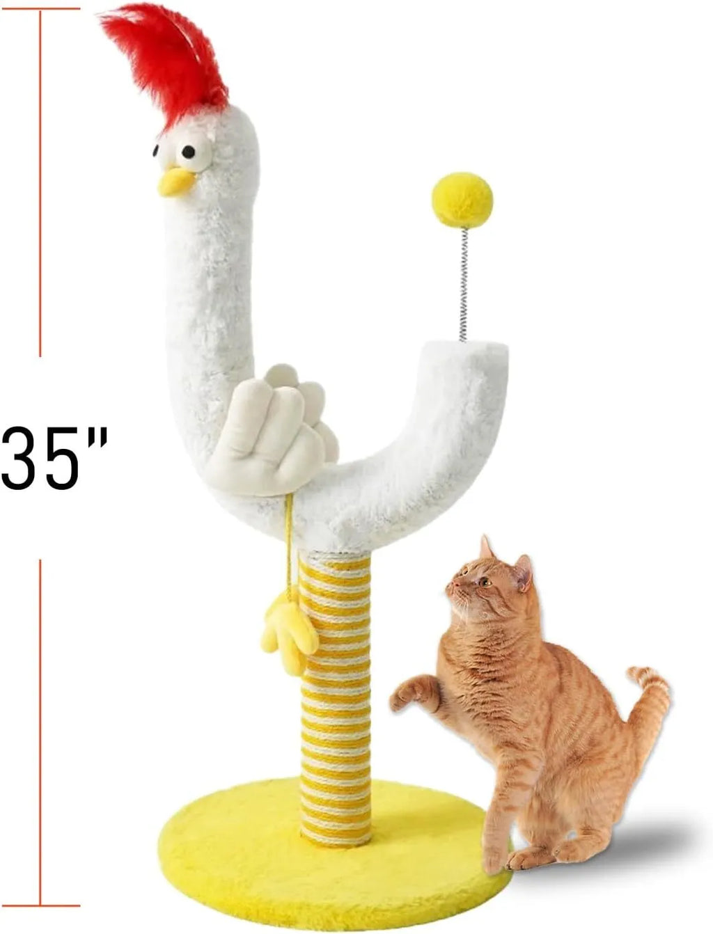 Yellow U-shaped sisal cat scratching post with spring ball attachment measuring 35×35×88cm