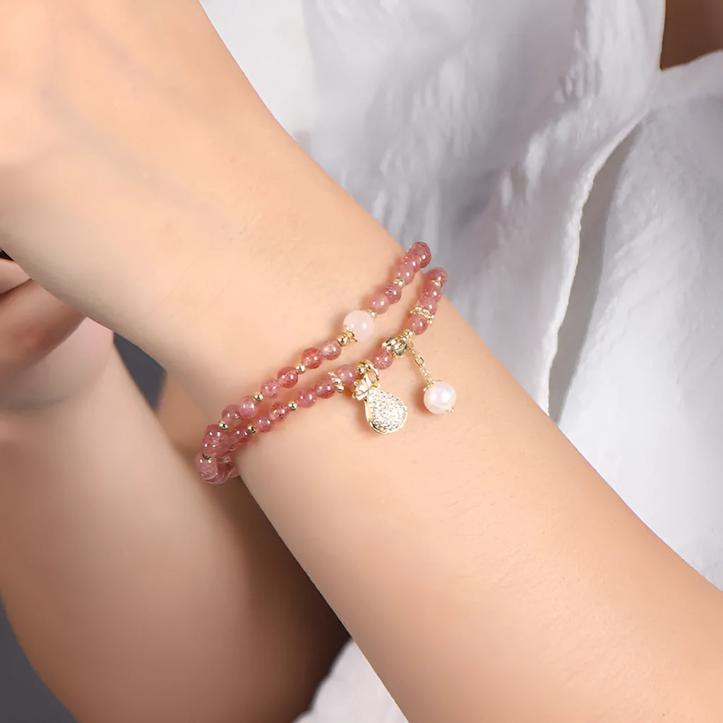 Strawberry quartz geometric bracelet for women with crystal beads for money drawing