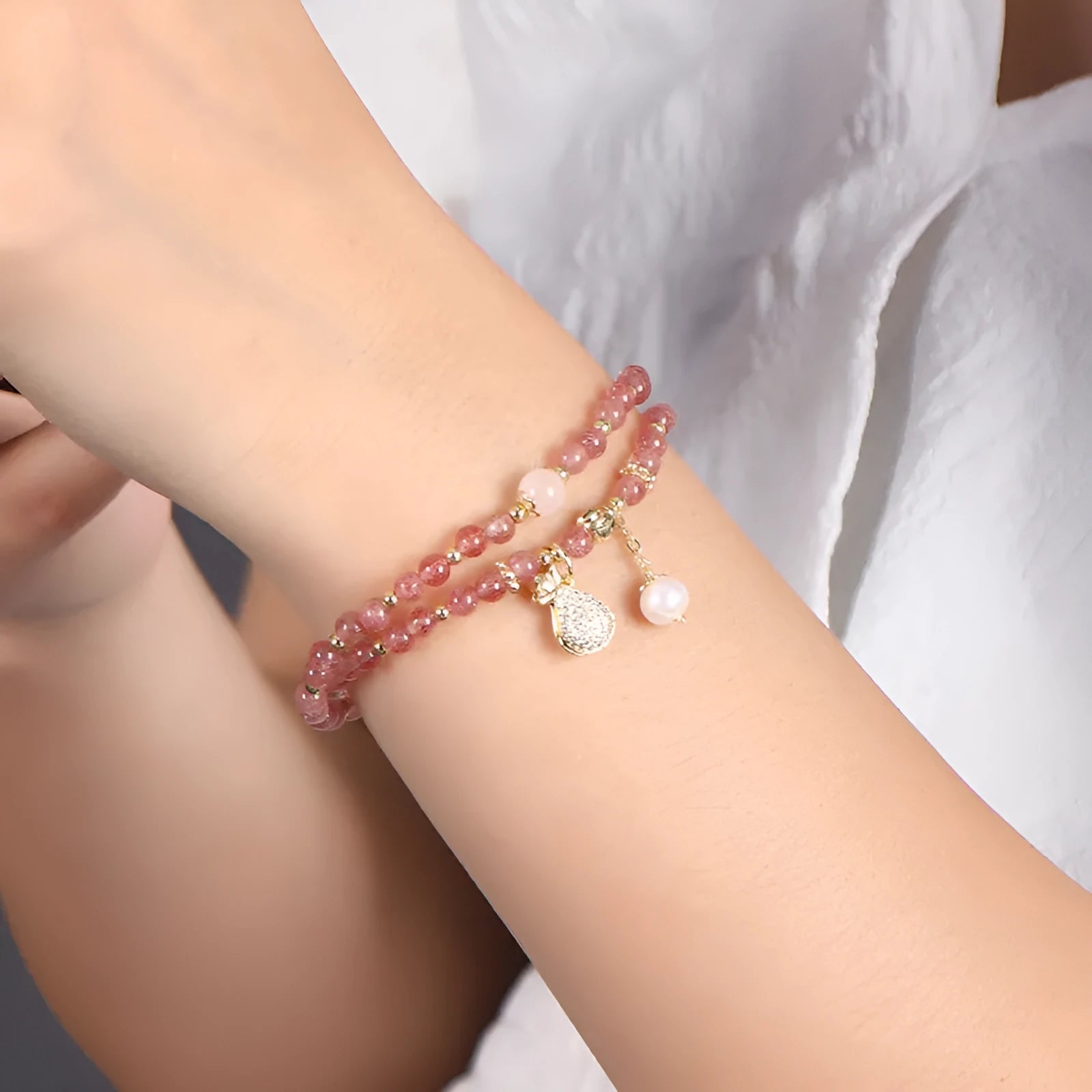 Strawberry quartz geometric bracelet for women with crystal beads for money drawing