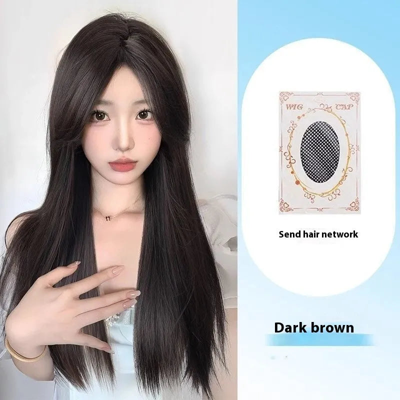 Long straight black wig with forehead lace and side bangs made from high temperature fibre.
