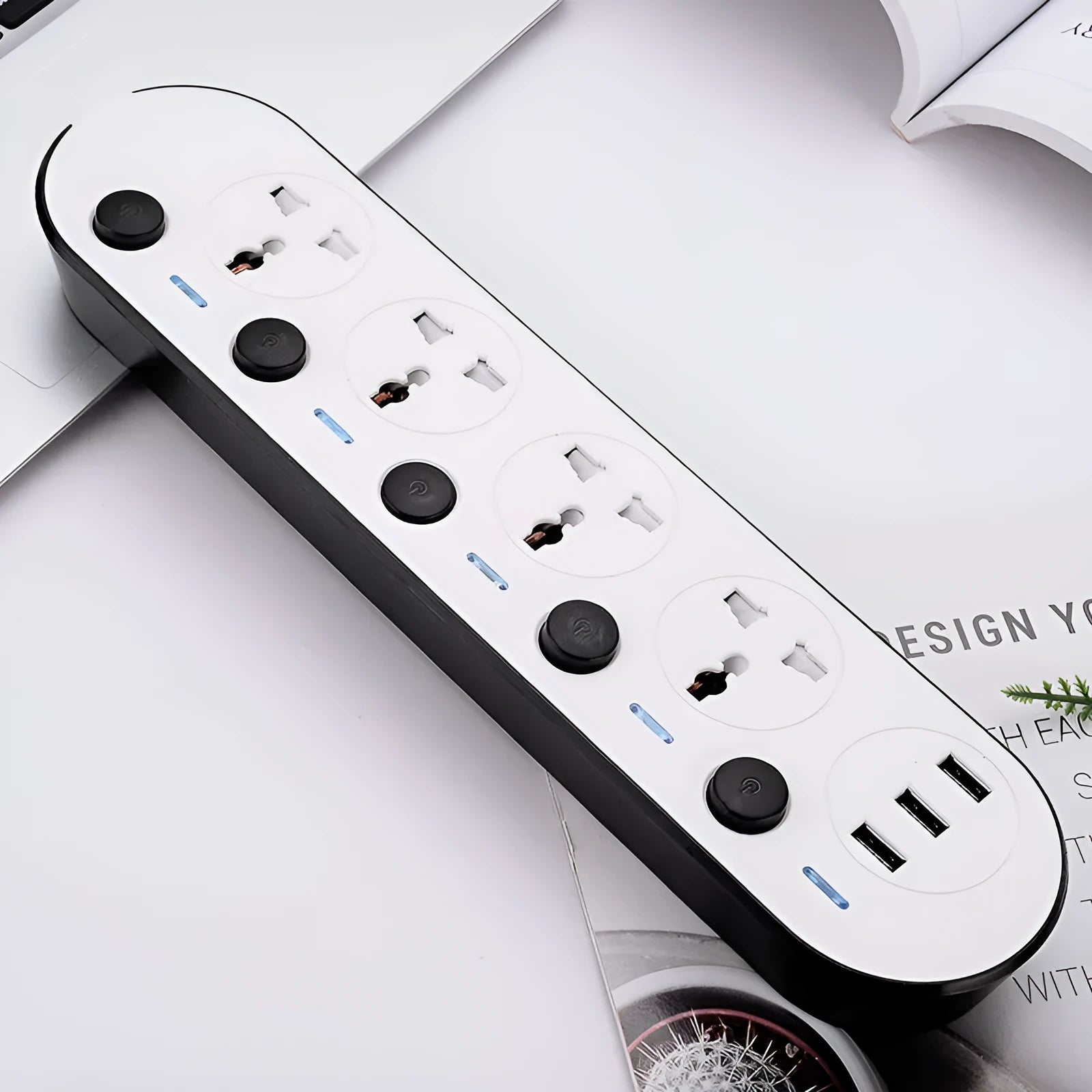 Multi-switch international power strip with UK, US, and EU plug options and USB charging ports.
