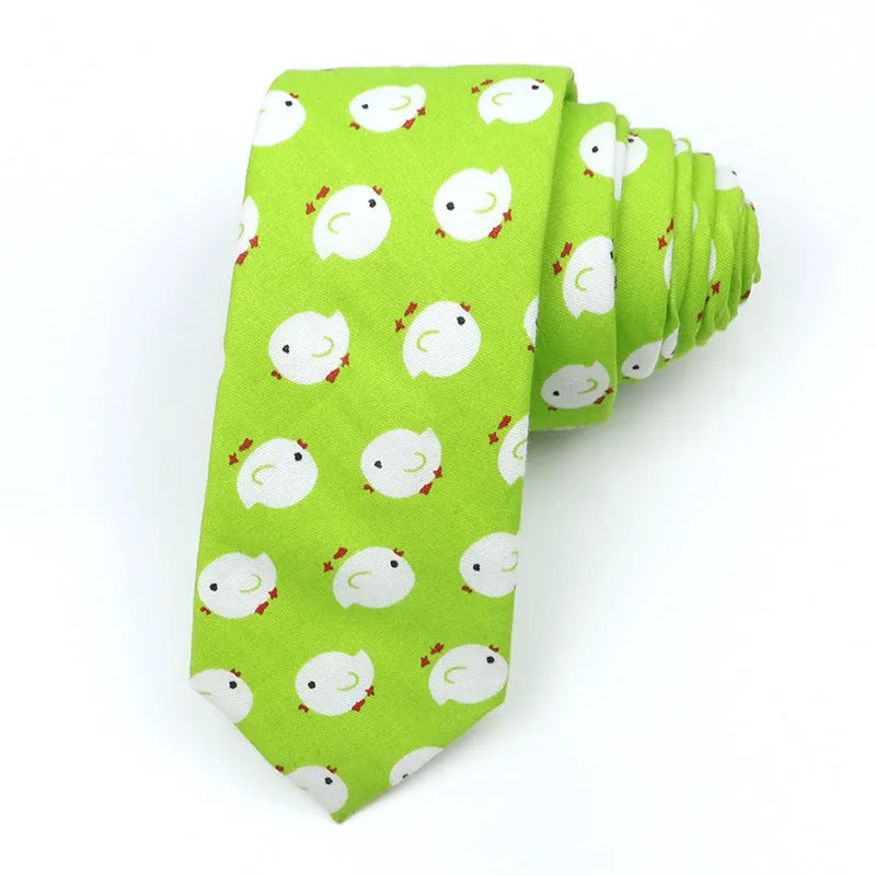 Korean style narrow men's cotton bow tie with a cartoon print pattern on an adjustable neck band.