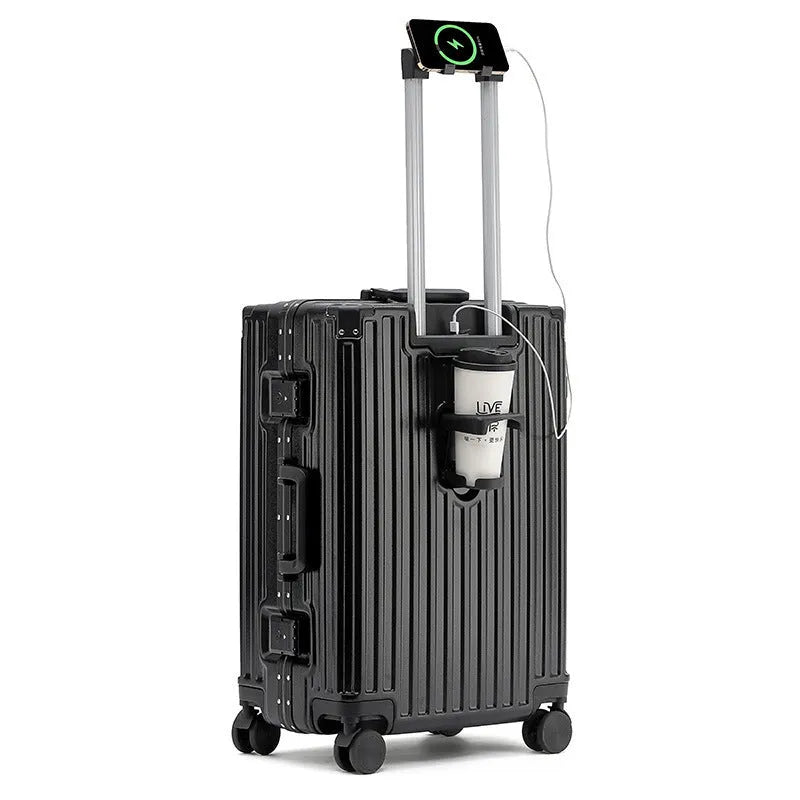 Aluminium frame ABS PC suitcase in avocado green colour with USB port and universal wheels.