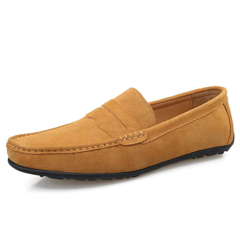 Men's solid-colour suede slip-on loafers with round toe and rubber sole