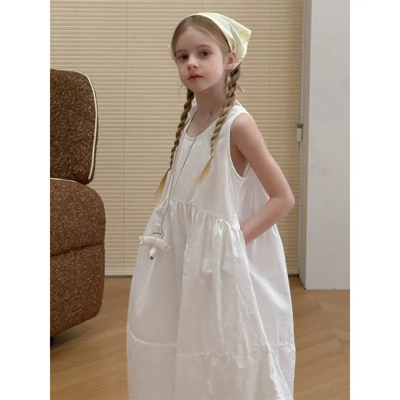 New girls white suspender French dress made of cotton with dot pattern for summer