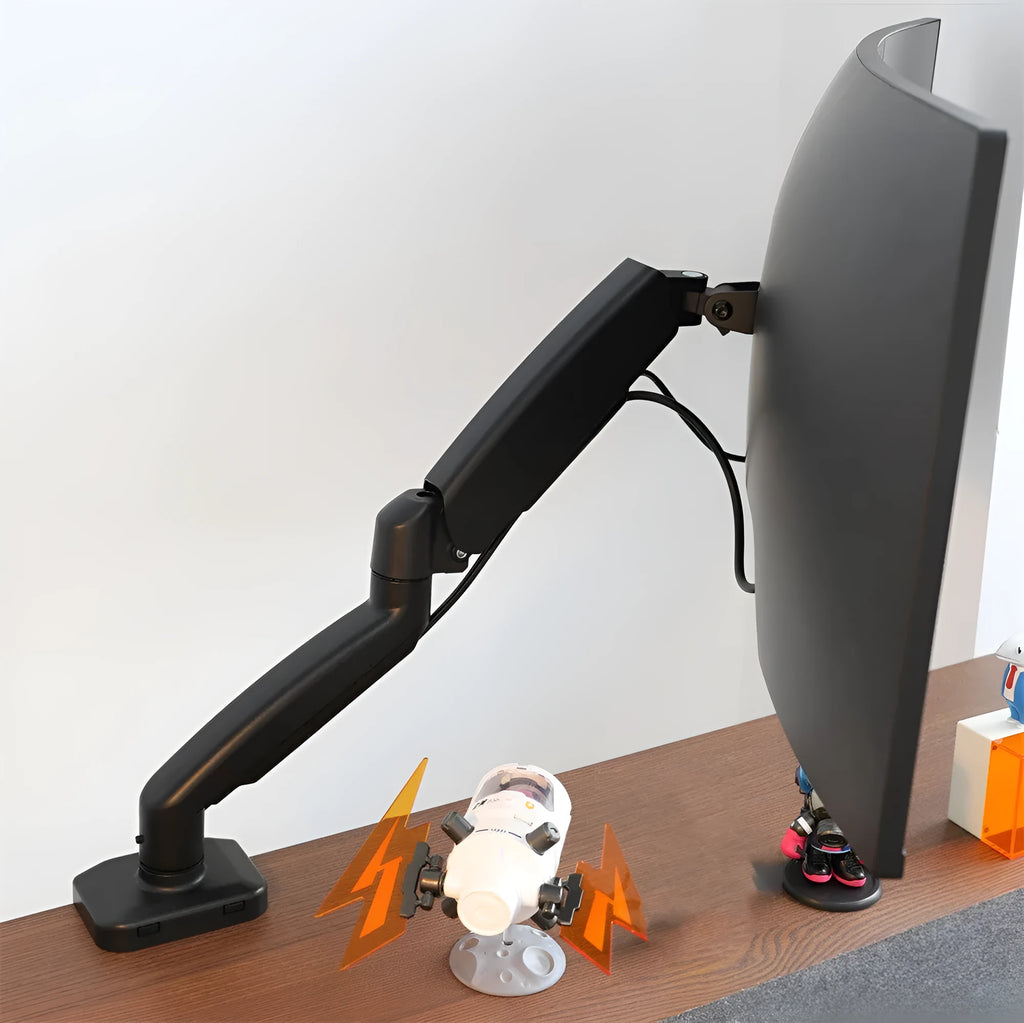 Black rotating telescopic LCD screen bracket on table with adjustable tilt and height