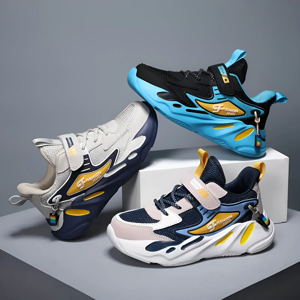 Boys' dark blue and black platform sports running shoes with Velcro strap and mesh upper.