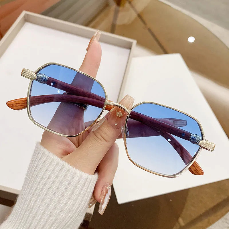 Women's frameless trim glasses with wood grain pattern and gold alloy frame.
