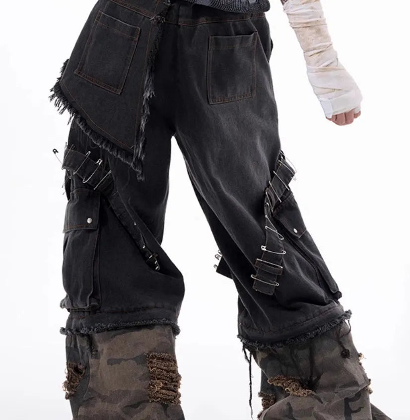 Men's grey camouflage splicing jeans with pin and ribbon structural details