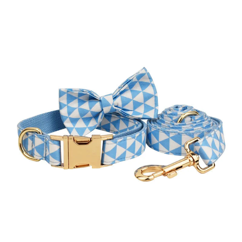 Blue triangular ring rope cloth dog collar, leash, bow, and vest set in multiple sizes XS to XL