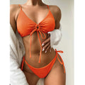 Women's solid colour bikini with drawstring ties on bra and briefs, shown in army green.