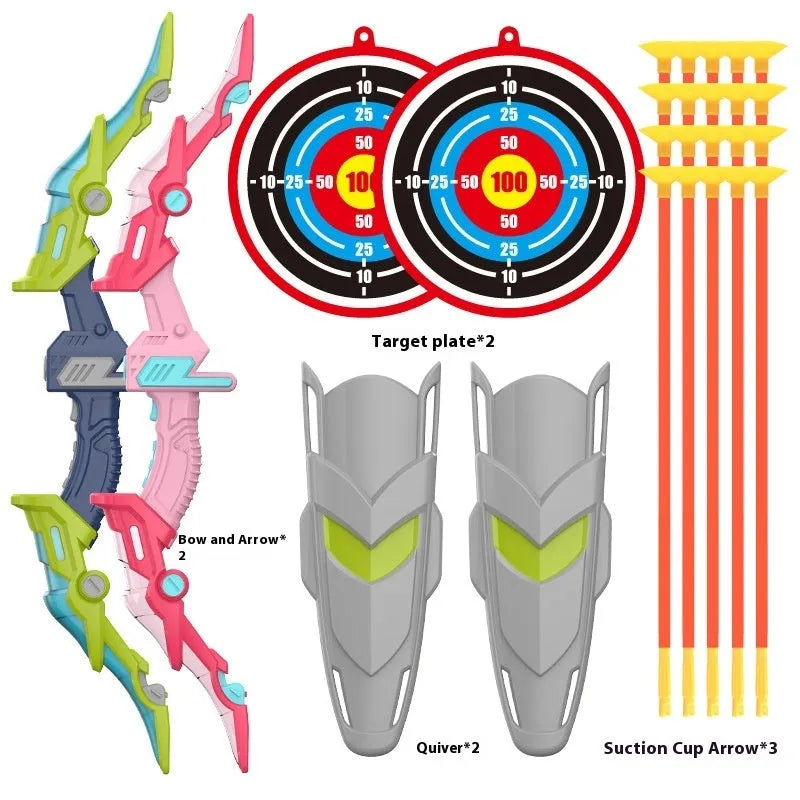 Children's bow and arrow set with green detachable bow, target tube, and light-up arrows on grass. Blue and pink colour options available.