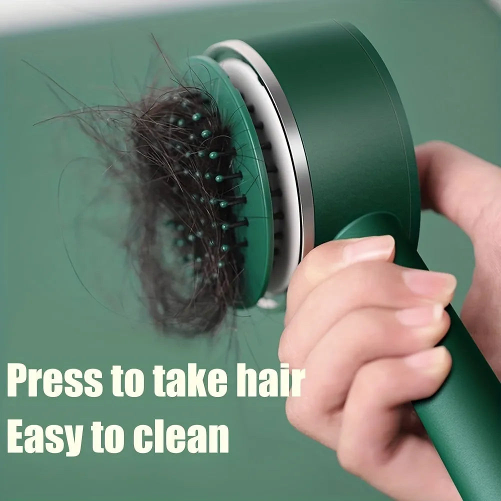 One-key self-cleaning hair brush with 3D air cushion and round-head pins, available in green, pink and white, size 20x9cm
