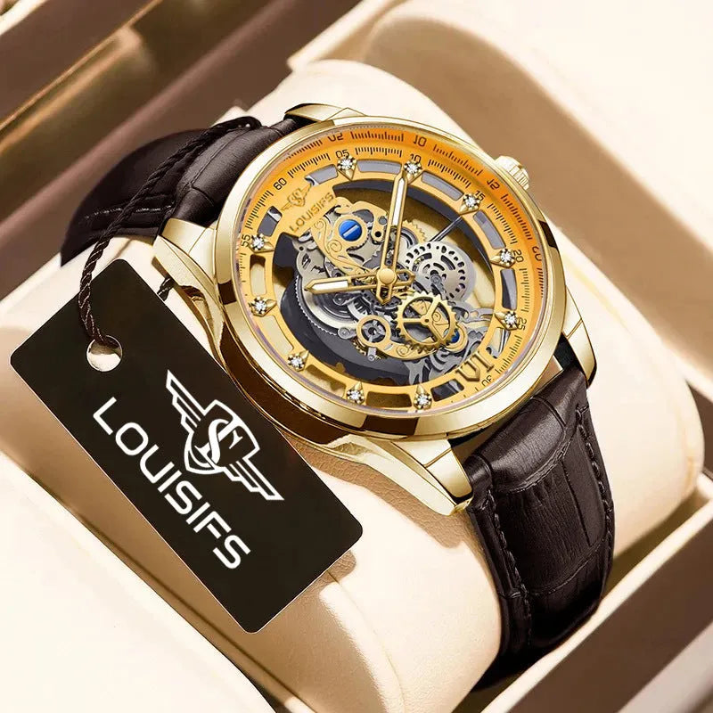 Swiss men's quartz watch with hollow design and leather strap, 12mm thickness business style
