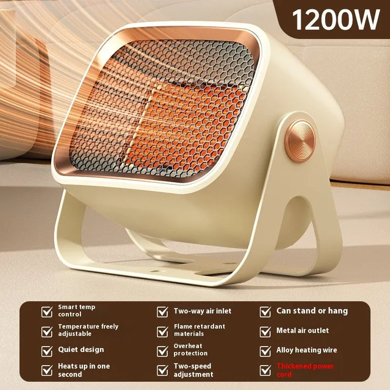 White PTC ceramic desktop electric heater on a table showing front grille and control buttons.