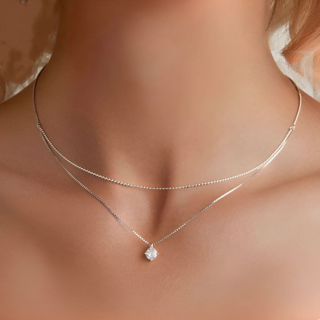 Women's double-layer S925 sterling silver necklace with pearl chain design in silver colour