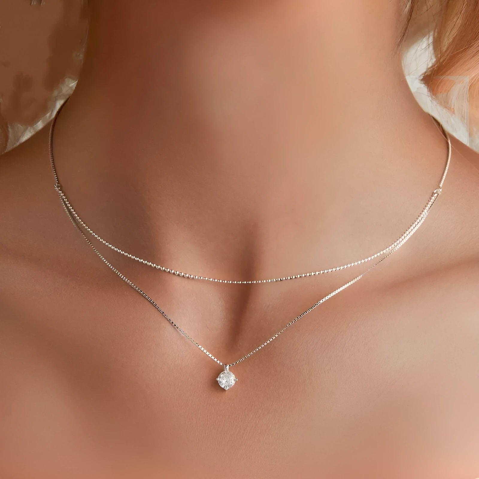 Women's double-layer S925 sterling silver necklace with pearl chain design in silver colour