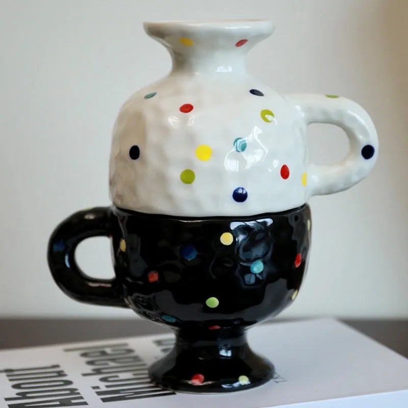 Hand-pinched irregular ceramic mug with solid colour design, approximately 14.5cm tall