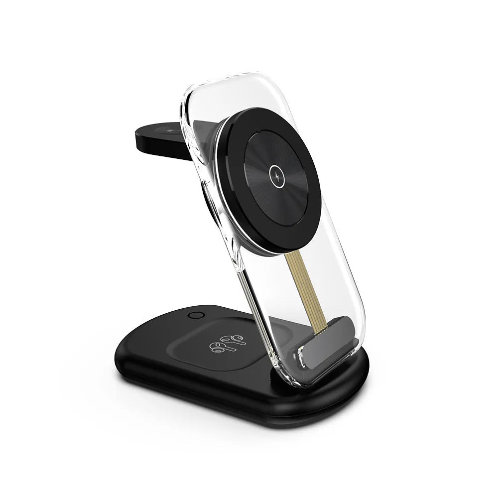 Transparent folding magnetic wireless charger showing three charging areas
