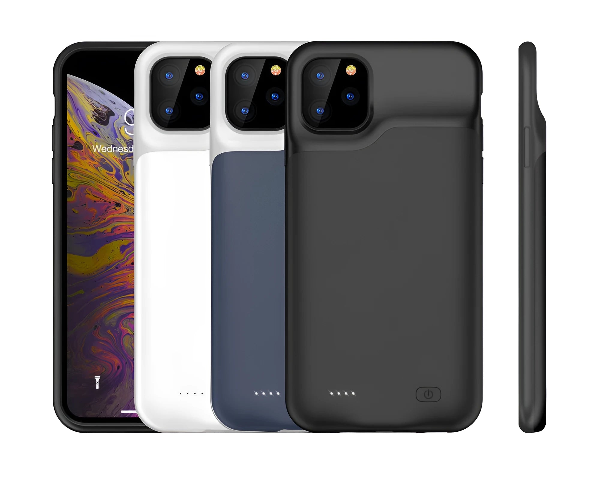 Shockproof silicone iPhone battery charger case in black, blue, pink, or white, showing integrated high-capacity battery.
