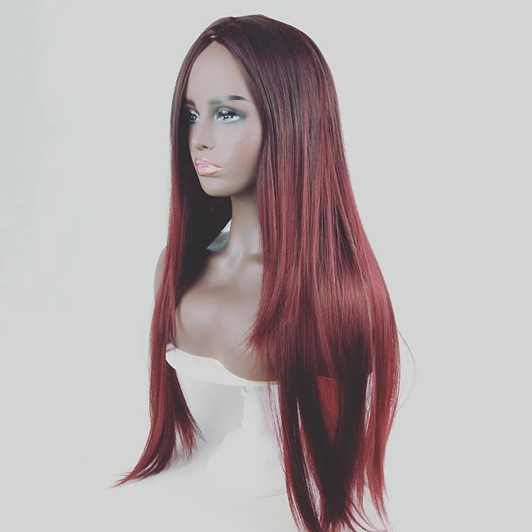 Long straight gradient fake hair wig with air bangs, high temperature silk, available in gradient colours