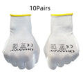 White PU coated work gloves showing palm coating and extended 24cm length.